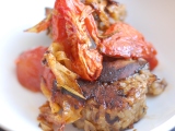 Crispy Mushroom Risotto Cakes with Roasted Tomatoes and Onions (Vegan)